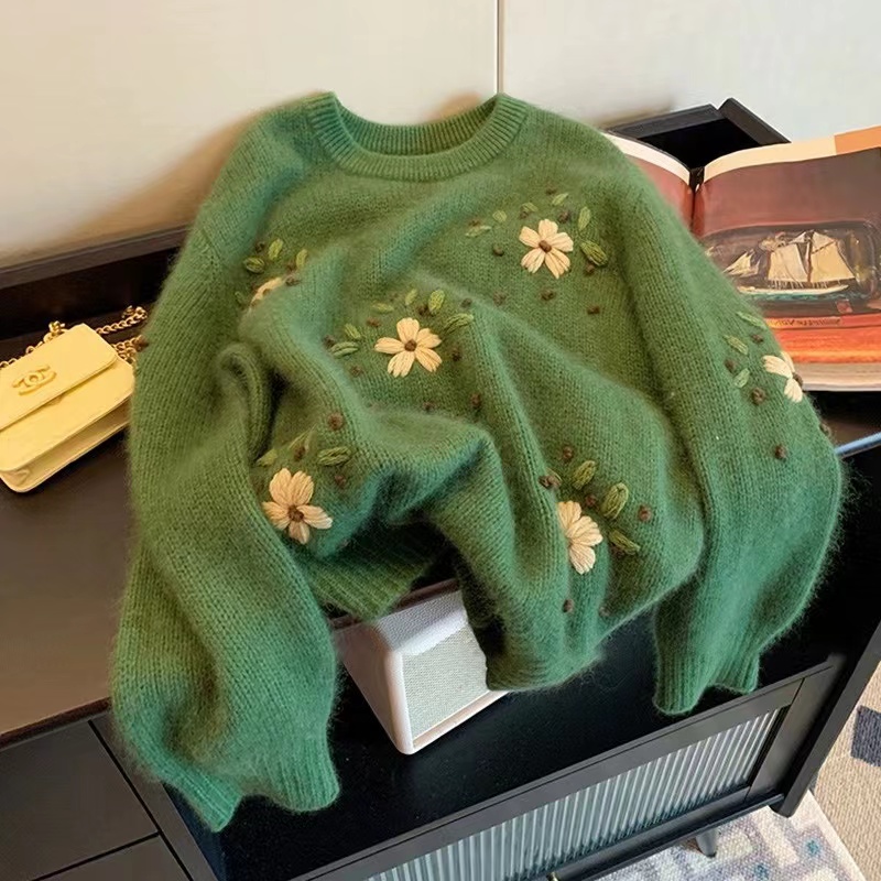 美式復古綠色花朵刺繡軟糯圓領毛衣寬鬆慵懶風針織上衣