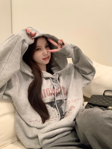 Real shot American retro gray hooded sweatshirt loose oversize hoodie women's autumn and winter top