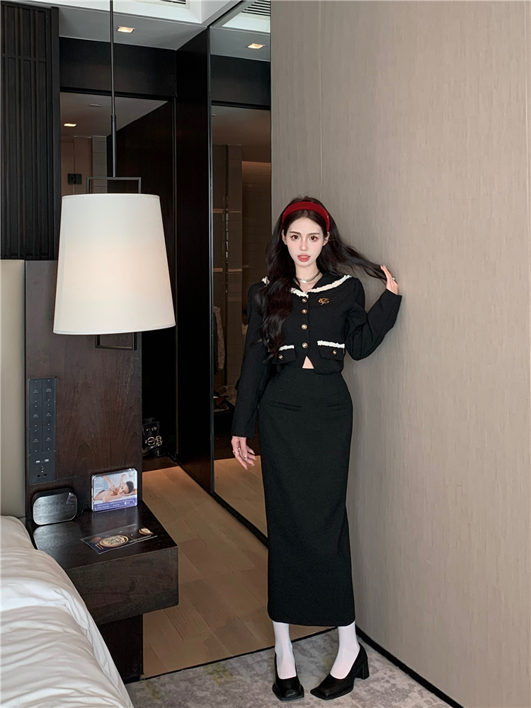Real shot!  Temperament Fashion Suit Women's Autumn Navy Neck Waist Top High Waist Skirt Suit