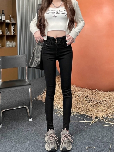 Actual shot #New stretch denim trousers for women, slim and slim design, buttoned tight pencil pants
