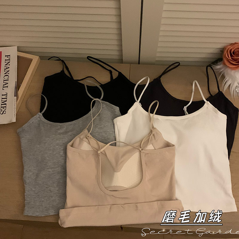 實拍秋冬加絨加厚吊帶背心少女防走光帶胸墊美背裹胸內搭上衣