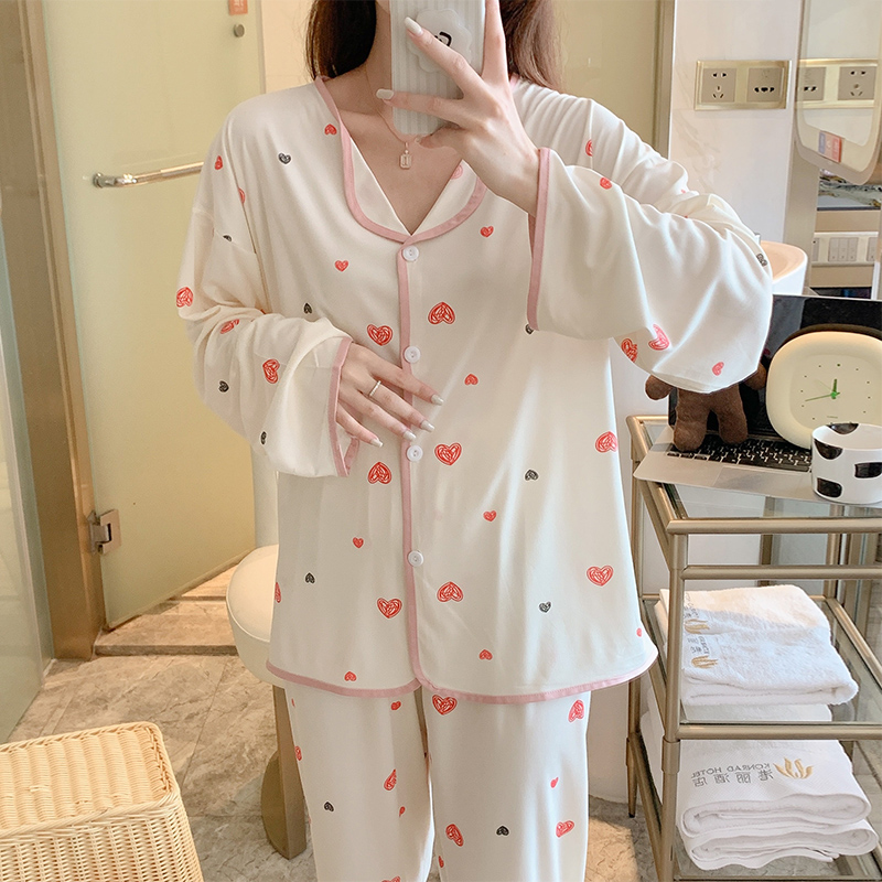 實拍睡衣女春秋季翻邊開衫寬鬆大碼可愛卡通甜美家居服套裝