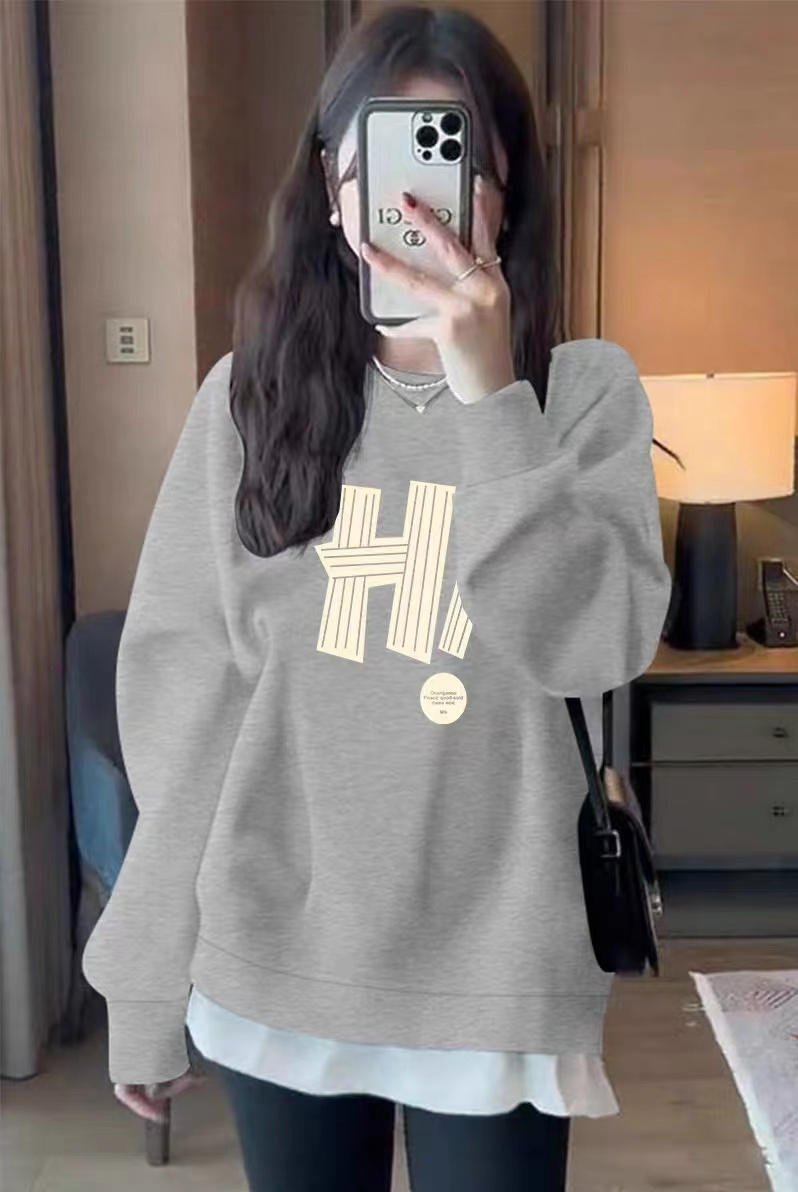 Women's sweatshirt spring and autumn new women's loose round neck fake two-piece trendy versatile casual splicing pullover long sleeves plus velvet