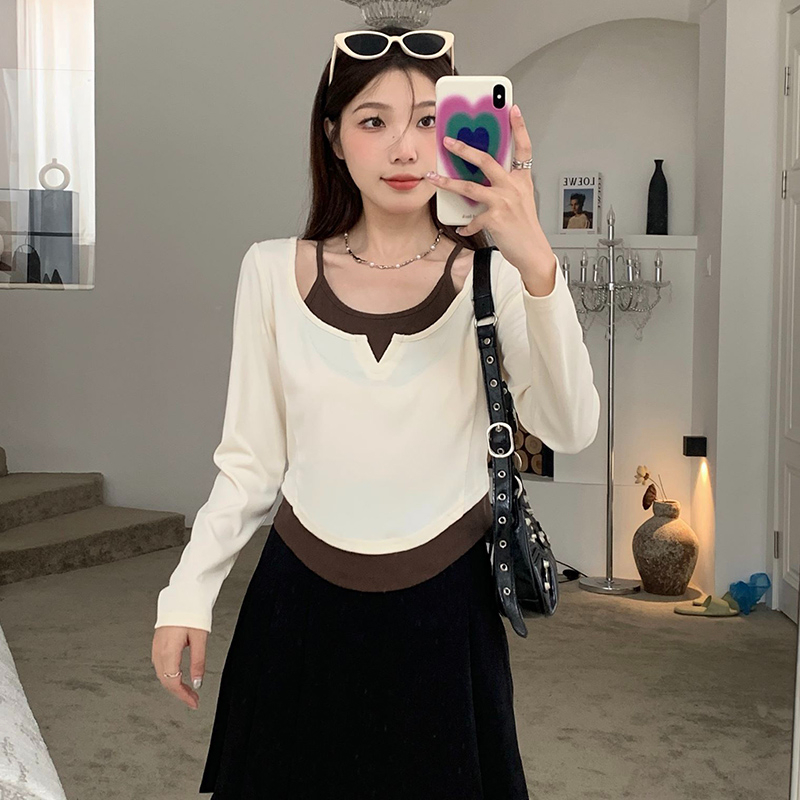 大碼正肩長袖t恤女春夏微胖mm辣妹緊身顯瘦假兩件短款小眾上衣新