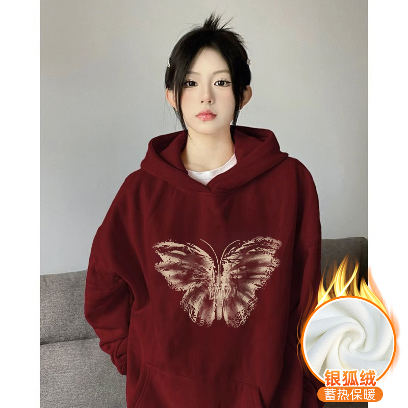 420g Chinese cotton composite silver fox velvet new autumn and winter loose hooded sweatshirt for women