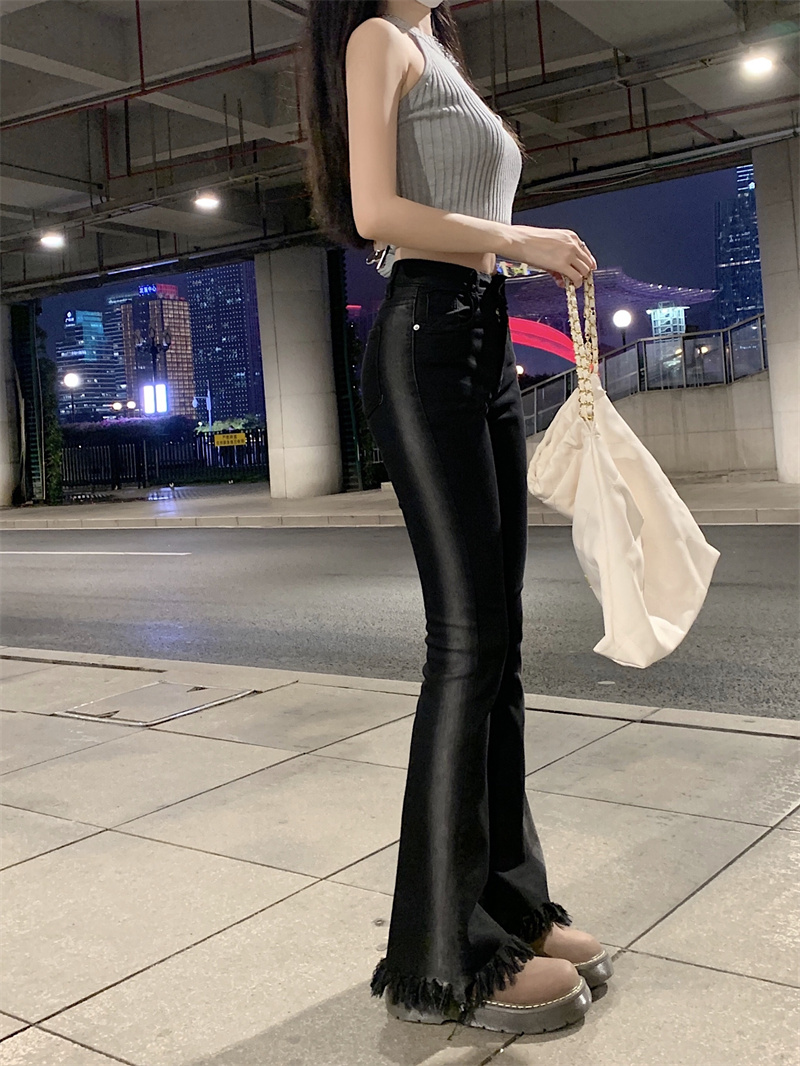 實拍 秋季新款高腰彈力毛邊微喇修身長牛仔褲女