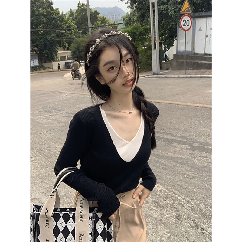 彩虹羅紋92聚酯纖維8氨綸 設計感假兩件長袖女裝