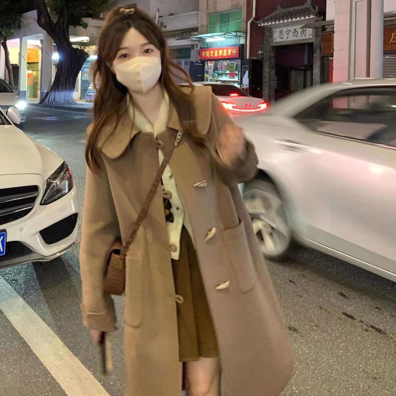 Horn Button Thickened Coat 2023 Autumn and Winter New Versatile Small Big Collar Medium and Long Woolen Coat for Women