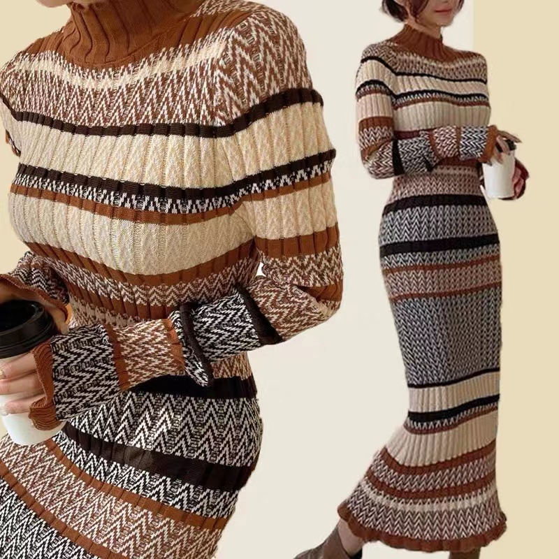 Autumn and winter retro color-blocked striped long skirt Korean chic high-neck style with coat bottoming sweater dress for women