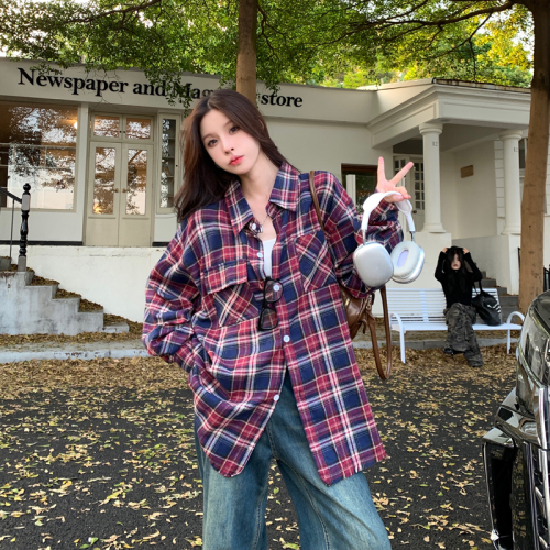 American retro plaid long-sleeved shirt for women  autumn new niche versatile trendy casual couple tops