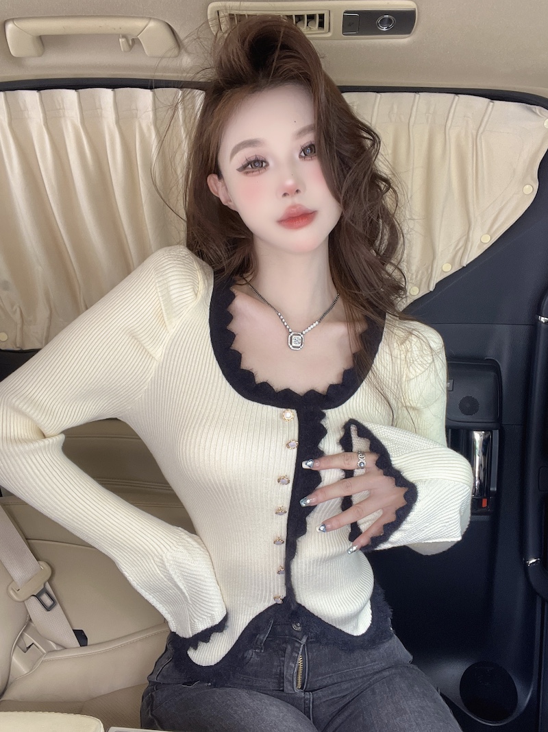 實拍 小香風花邊拼接泡泡袖針織開衫女修身顯瘦不規則短款打底衫
