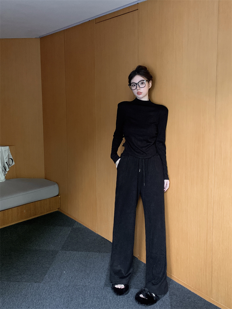 Actual shot of cashmere stand-up collar slim pleated autumn and winter high-waisted straight wide-leg trousers two-piece set for women
