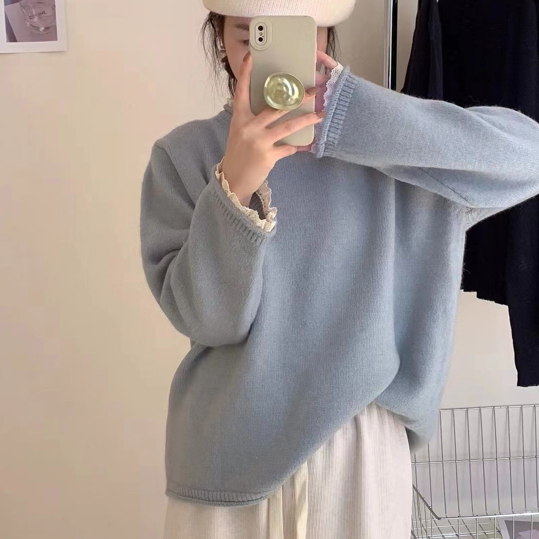 韓系浣熊絨蕾絲圓領毛衣女秋冬復古慵懶風寬鬆軟糯百搭打底針織衫