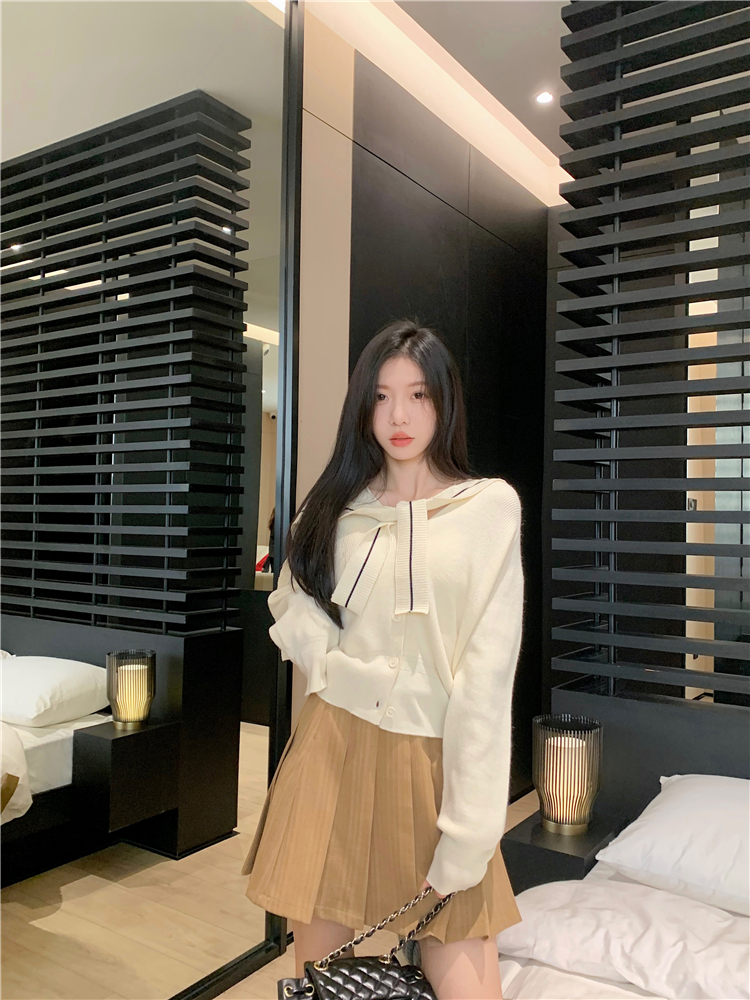 實拍~長袖針織衫女設計感顯瘦小香風披肩開衫上衣+百褶半身裙