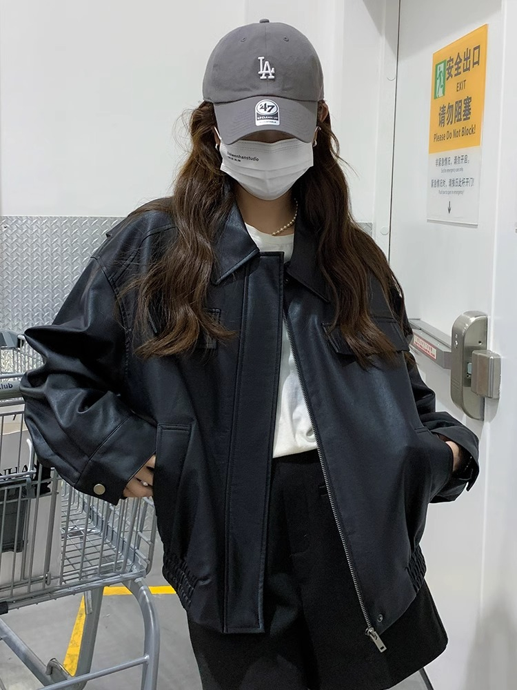 美式復古pu皮衣外套女小個子春秋季新款寬鬆短款黑色皮夾克