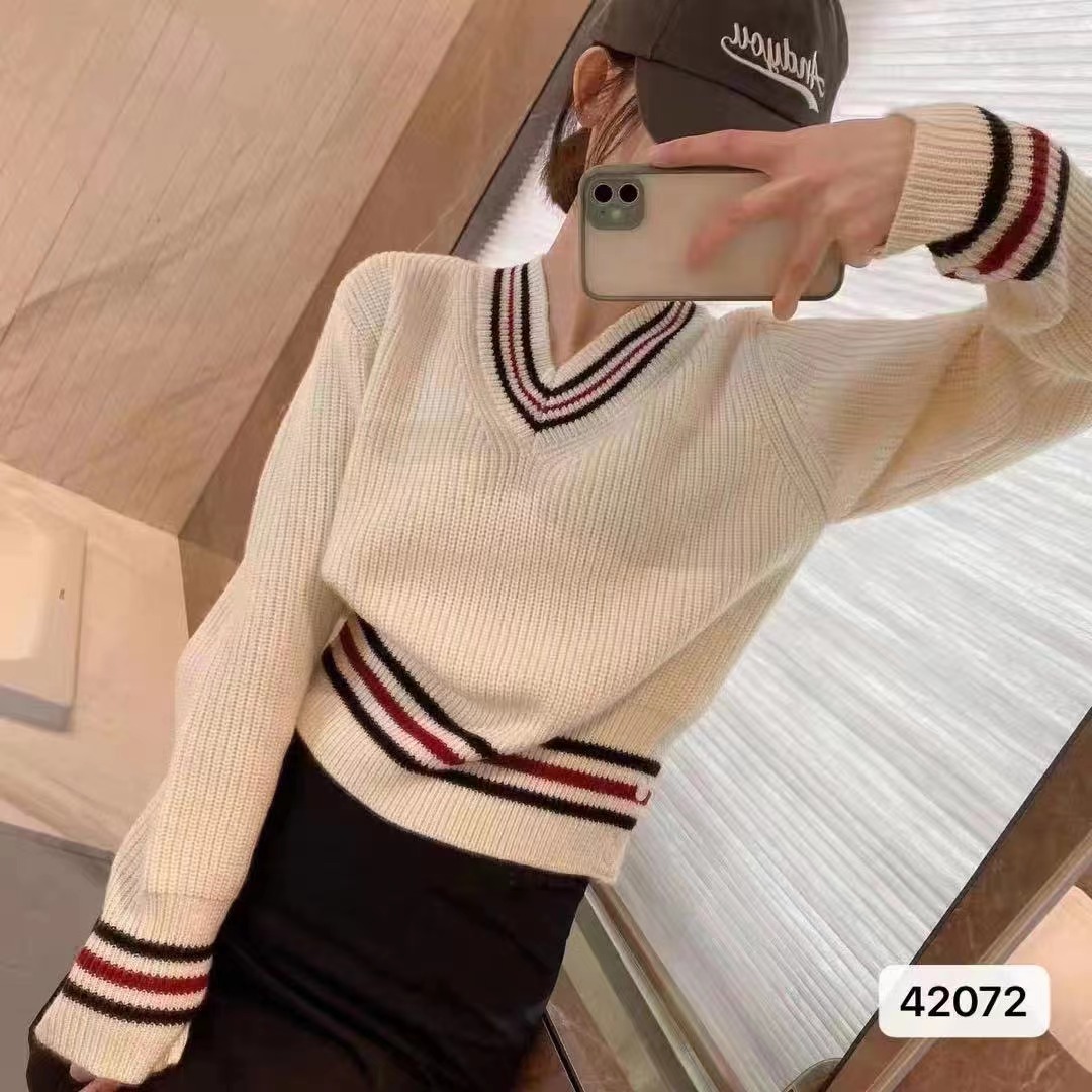 Autumn and winter new college style TB sweetheart neck sweater contrasting stripes loose pullover long-sleeved sweater bottoming shirt for women
