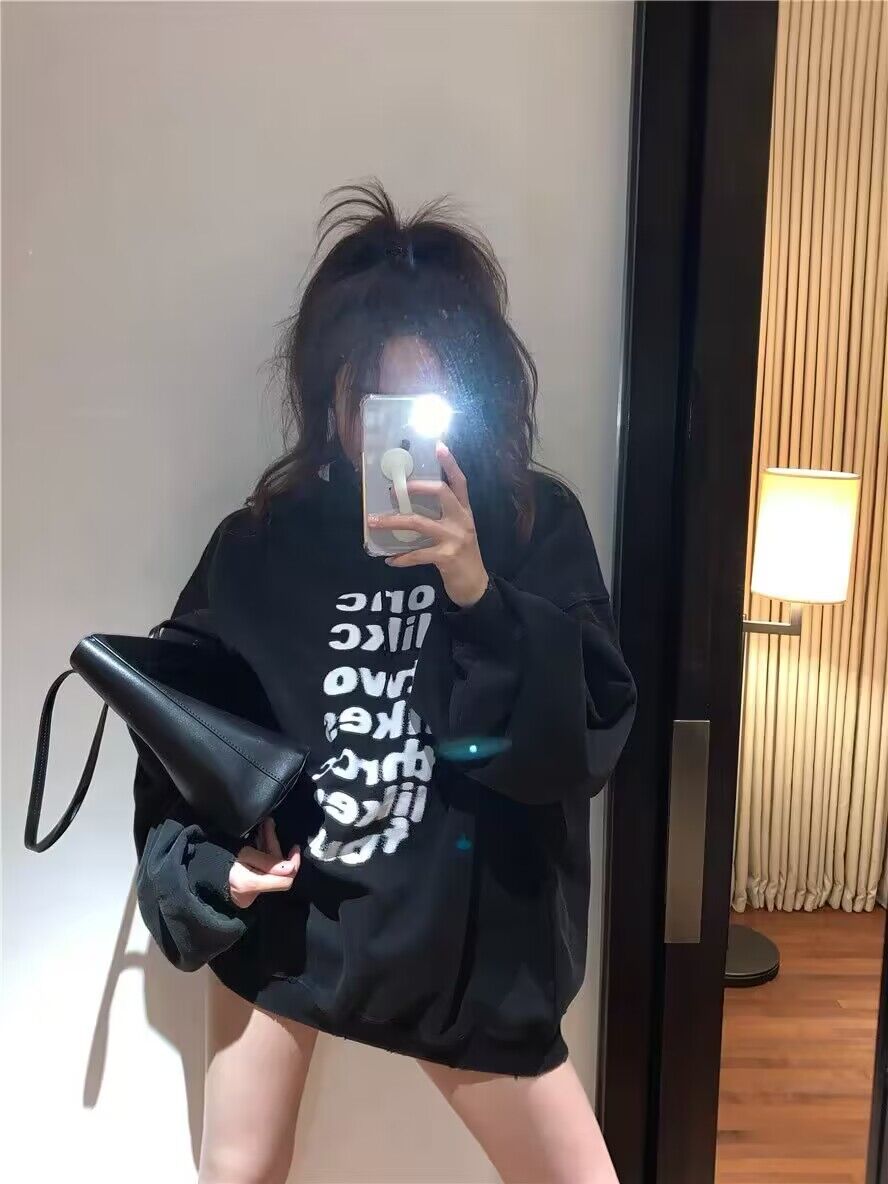 Black hooded sweatshirt for women autumn and winter loose letter print mid-length fleece top