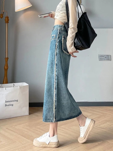 Slit denim skirt for women plus size  new autumn high-waisted A-line raw edge hip-covering mid-length skirt trendy