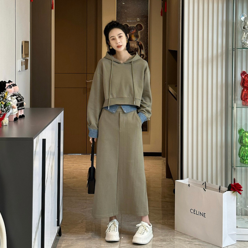 2303# Korean style contrasting color sweatshirt skirt suit for women autumn texture temperament fashion casual sports two-piece set