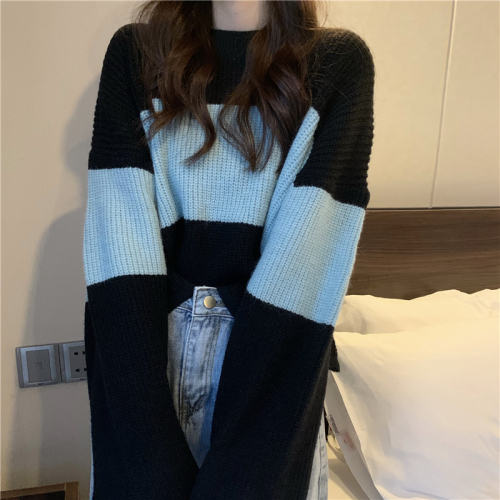 Actual shot ~ New Korean style loose, lazy style, versatile striped color matching long-sleeved knitted pullover sweater for women