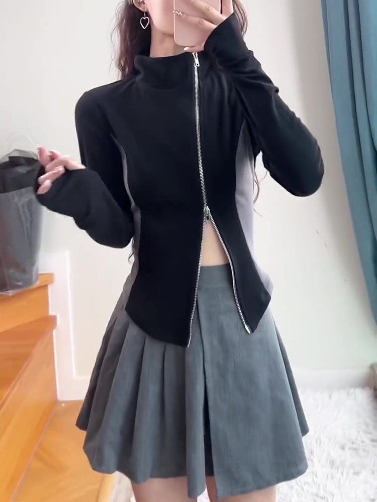 polo collar black bottoming shirt for women spring and autumn 2023 new elastic hottie slimming slim T-shirt top ins style