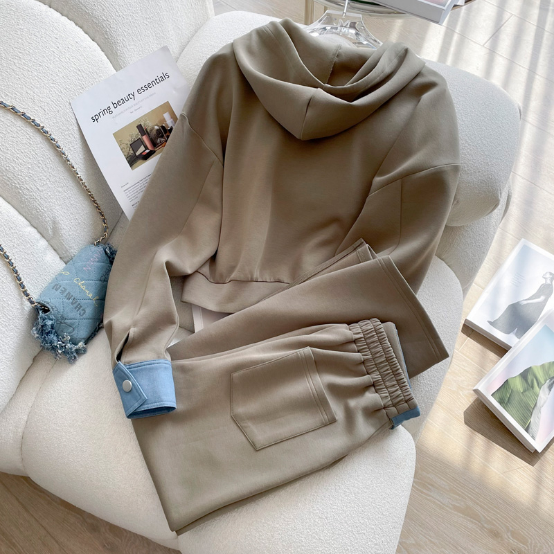 #Korean version contrasting color sweatshirt skirt suit women's autumn texture temperament fashion casual sports two-piece set