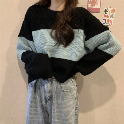 Actual shot ~ New Korean style loose, lazy style, versatile striped color matching long-sleeved knitted pullover sweater for women