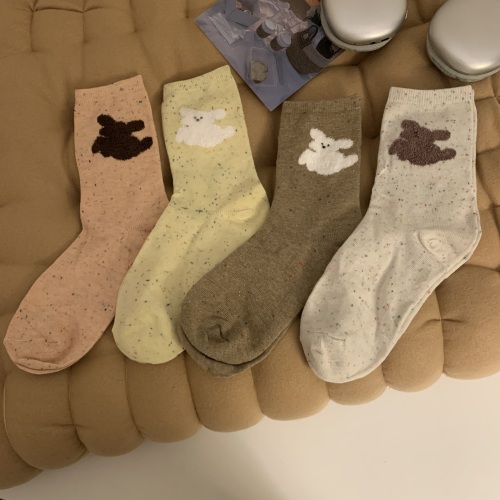 实拍 可爱狗狗保暖袜子透气日系卡通中筒袜少女堆堆袜4双装