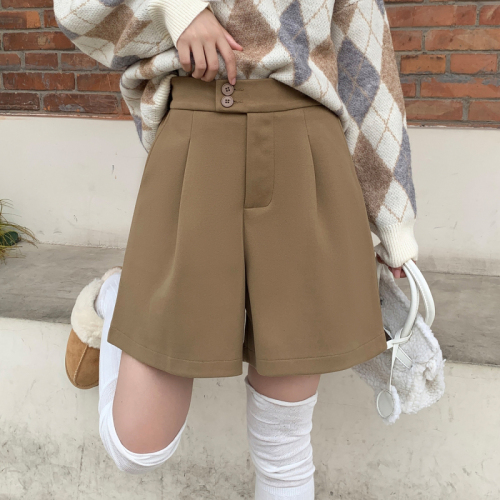 Woolen boot pants for women in autumn and winter, versatile woolen high-waisted wide-leg casual pants, A-line button slimming shorts