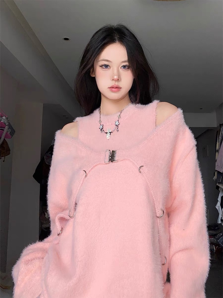 BabyStudios 溫柔氛圍水貂毛露肩毛衣女秋季假兩件毛毛針織衫上衣