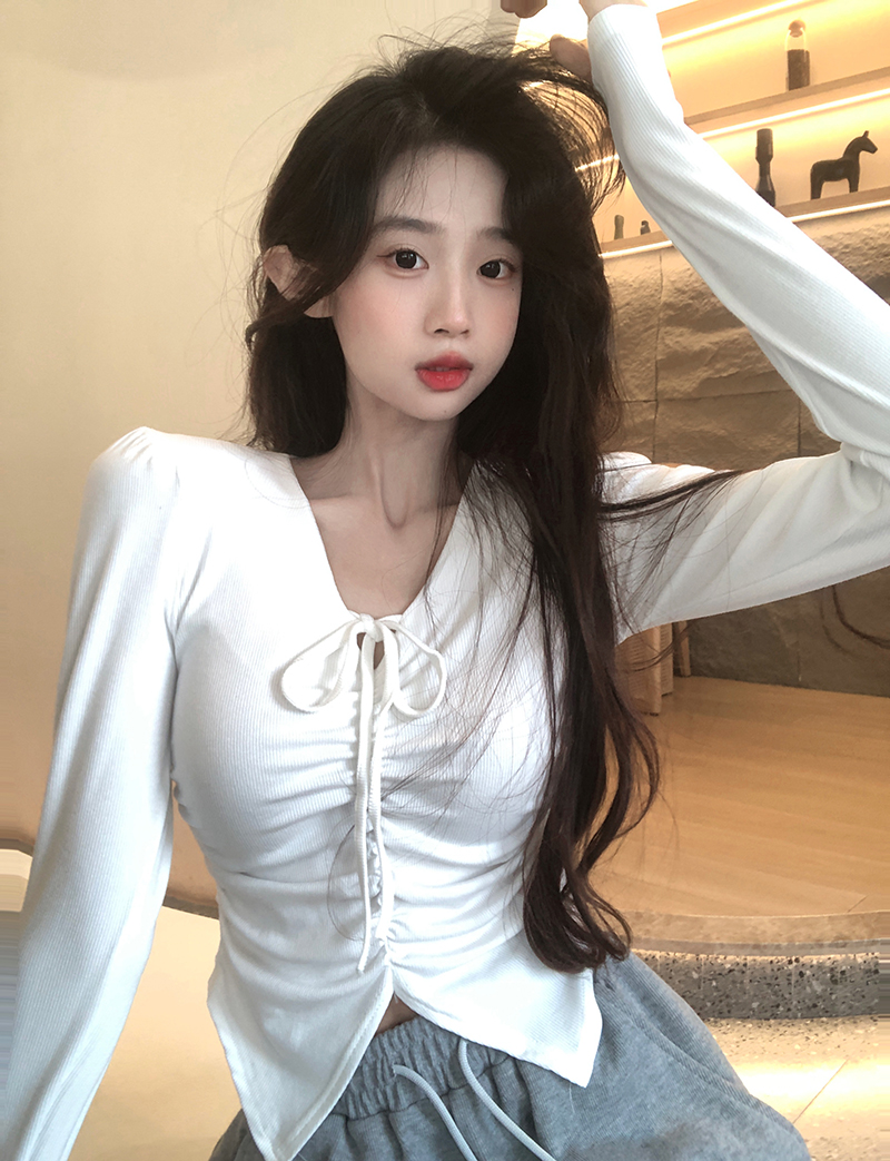 Actual shot~Autumn and winter new style pure lust style slimming V-neck pleated long-sleeved sweater for women