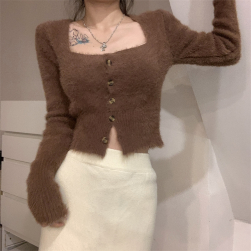 Real shot of pure lust hottie sexy square collar mink velvet sweater women's short cardigan top knitted bottoming shirt