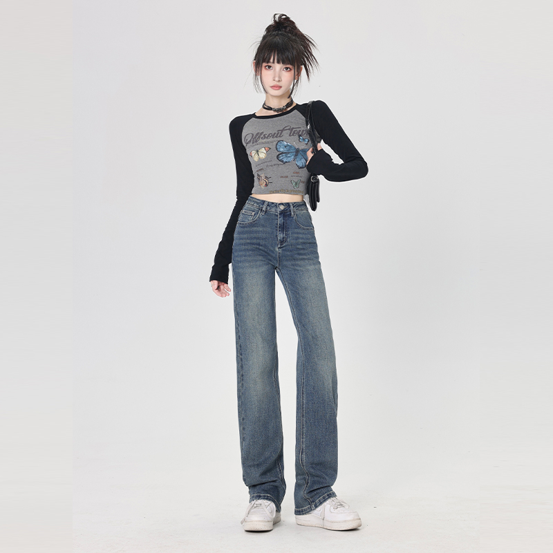 實拍2023早秋季新款高腰窄版直筒牛仔褲女顯瘦煙管褲