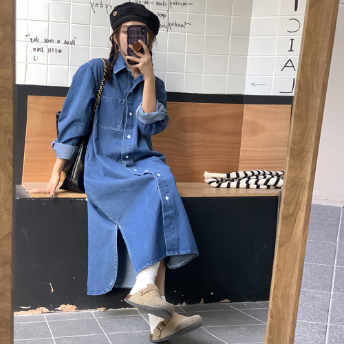 Actual shot ~ Retro style lapel loose single breasted washed blue long sleeve denim dress long skirt for women