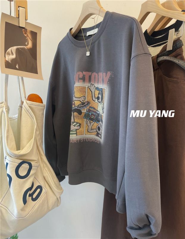 MUYANG Korean DJ music puppy print pullover cartoon age-reducing sweatshirt loose long-sleeved round neck top for women