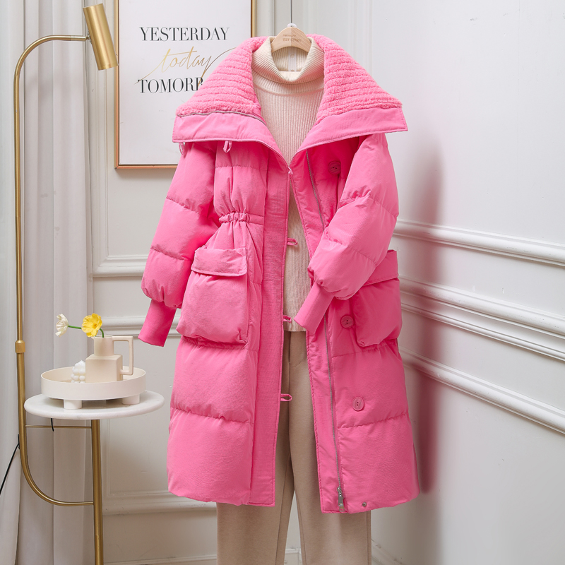 2023 winter new style milky shawl down jacket women's mid-length over-the-knee thickened trendy slim coat