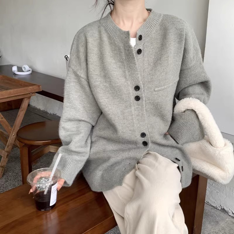 Autumn and winter new plus size women's large board gray soft waxy knitted cardigan lazy style loose niche sweater