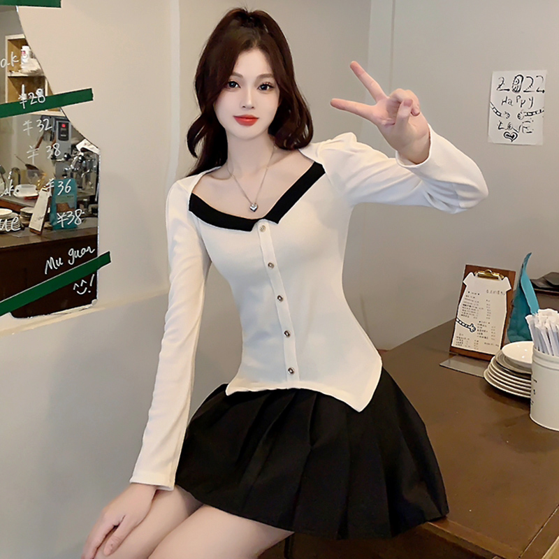 實拍#秋冬新款女裝法式拼色方領泡泡長袖修身顯瘦氣質打底上衣