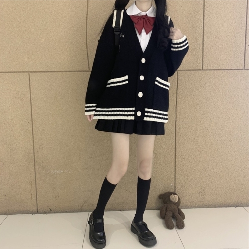jk college style Japanese contrast color versatile knitted cardigan jacket for women 2023 autumn and winter loose outer wear lazy style sweater