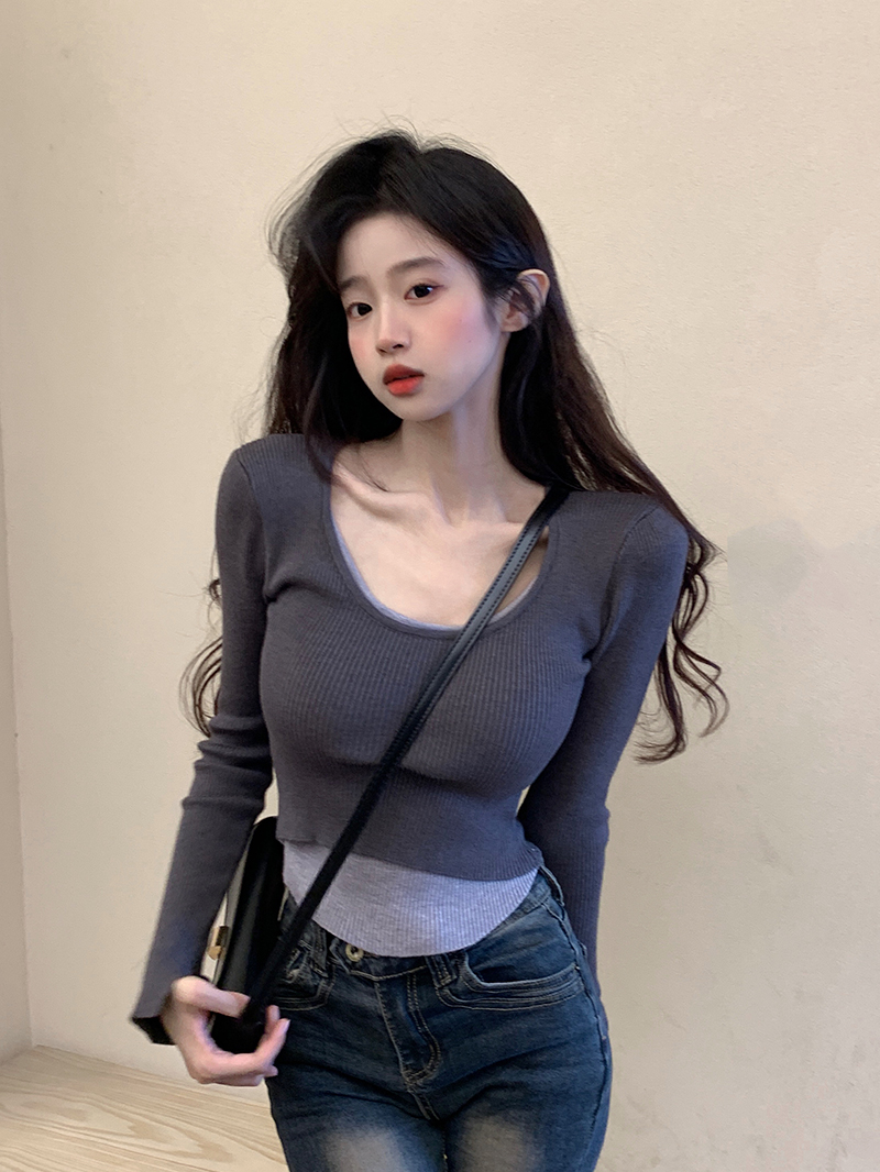 Real shot~Autumn and winter new style pure lust style slimming round neck fake two-piece long-sleeved sweater for women