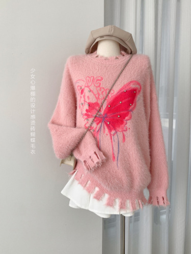 Hot diamond mohair butterfly sweater autumn lazy style loose soft waxy sweater jacket for women