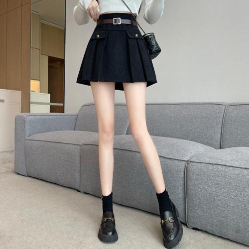 ****~Real shot of corduroy short skirt, high-waisted slimming A-line pleated skirt for women in autumn and winter