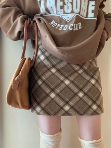 Actual shot ~ Retro plaid woolen skirt, high-waisted, slimming, mid-length, A-line butt-covering, 3 colors/lined