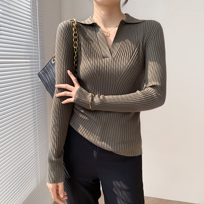 polo領長袖坑條針織衫女秋季翻領內搭打底衫2023新款秋冬修身上衣