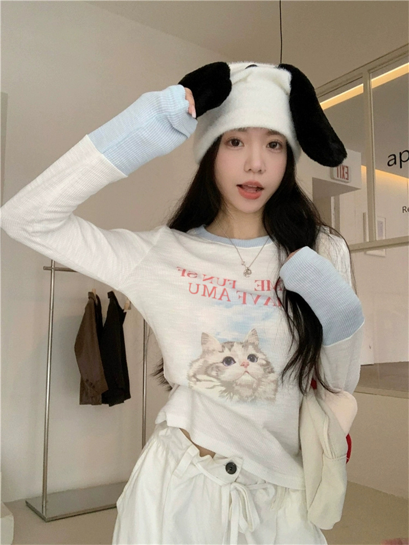 6% spandex, 25.6% cotton, 68.4% polyester, sweet and spicy cat print long-sleeved T-shirt for women in autumn