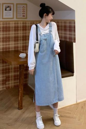 Actual shot ~ Denim suspender skirt, mid-length, over-the-knee, slimming, age-reducing, petite student dress, Korean version for women
