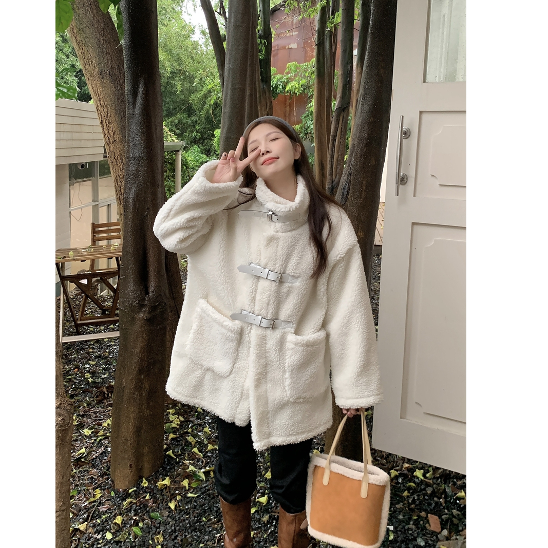 Actual shot of 600g lambswool coat for women, Korean style loose thickened mid-length fur one-piece particle coat