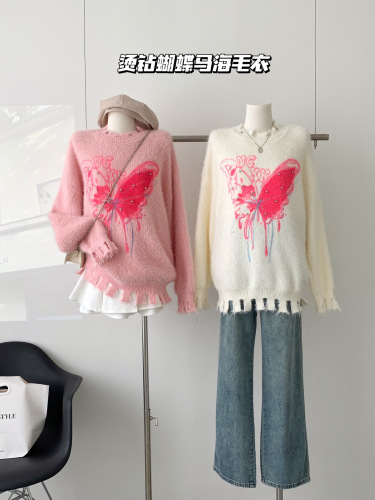 Hot diamond mohair butterfly sweater autumn lazy style loose soft waxy sweater jacket for women
