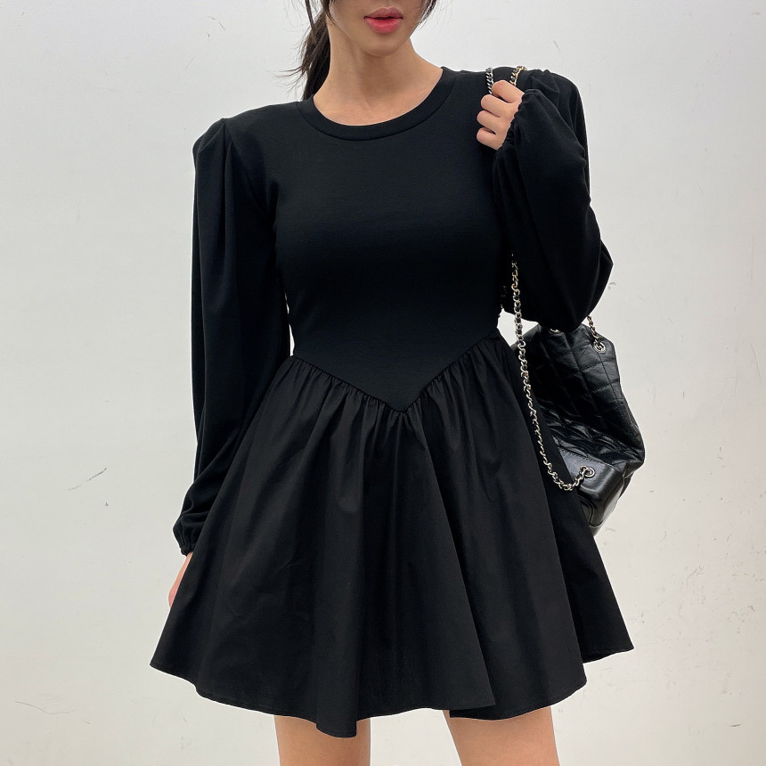 韓國chic秋季新款法式復古拼接收腰顯瘦小個子連衣裙女