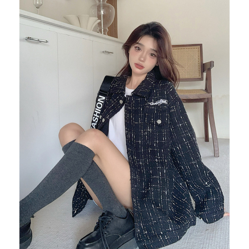 Actual shot Korean style chic jacket for women autumn new design high-end plaid shirt jacket